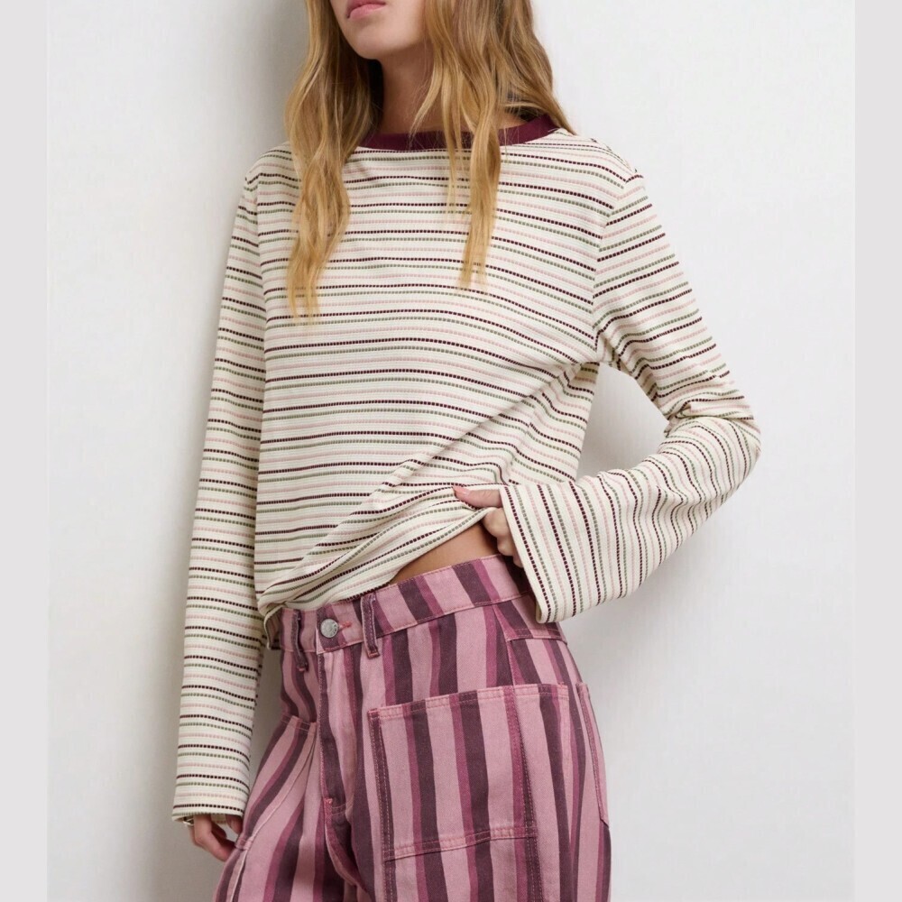 Cream Striped Contrast Trim Boat Neck Long Sleeve Top